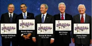 Presidents Clinton, H.W. Bush, G.W. Bush, Carter, and Obama with name a star certificates from International Star Registry